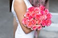 Closeup female person hand holding big bunch of fresh natural tender pink roses at date on city street outdoors. Happy Royalty Free Stock Photo