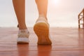 Closeup of female running walking shoes. Work out concept  step walk Royalty Free Stock Photo