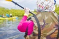 Water Activities. Closeup of Female Traveller Holding Kayak Paddle While Kayaking On River Outdoors Royalty Free Stock Photo