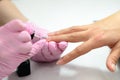 Closeup females hands getting manicure treatment from woman using small brush in salon environment, pink towel surface, blurry Royalty Free Stock Photo