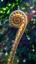 Closeup of fern bud in the tropical rain forest with sunbeam. Royalty Free Stock Photo