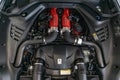 Closeup of Ferrari Portofino Engine Bay, red engine cover, V8 BiTurbo