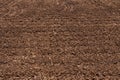 Closeup fertile soil in organic agricultural farm. Dirt soil ground in farm. Tillage soil prepared for planting crop. Black plowed