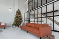 Closeup of Festive Christmas New year decoration in a modern loft interior with black windows and kitche Royalty Free Stock Photo