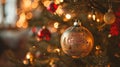 Closeup of Festively Decorated Outdoor Christmas tree with bright red balls on blurred sparkling fairy background Royalty Free Stock Photo