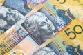 Closeup fifty Australian dollar banknotes. Royalty Free Stock Photo