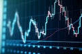 Closeup of financial chart display with generic volatile asset candlesticks graph, neural network generated