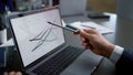 Closeup financial consultant hands analyzing business data chart at laptop.