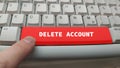 Closeup of a finger pointing to the DELETE ACCOUNT on a red button in the keyboard