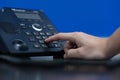 Closeup finger touch keypad on ip phone for calling Royalty Free Stock Photo