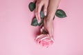 Closeup fingernails with pink fashion manicure and rose on pink background