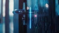 Closeup of a fingerprint scanner on a sleek modern security gate utilizing advanced privacy materials to ensure
