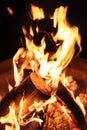 Closeup of fire flames, campfire or burning wood stove, black ba