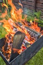 Closeup of Fire at Open Fireplace Outdoors with Balls of Flame Royalty Free Stock Photo