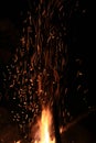 Closeup of fire sparks, fire flame on the black background