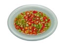 Closeup fish sauce with chili in white small cup isolate on white background with clipping path.