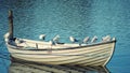 Closeup of a fishing boat docked on the harbor with seagulls perched on it Royalty Free Stock Photo