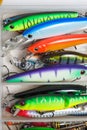 Closeup of a fishing box with colorful lures. Royalty Free Stock Photo