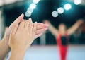 Closeup, fitness and applause for winner, hands and victory for workout, routine and athlete. Zoom, gymnast and clapping