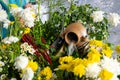 Closeup of floral decorations of the shack for Candomble religion in Bahia Brazil