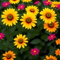 Closeup flower display assorted colorful blooming flowers by green foliage blurred background Royalty Free Stock Photo