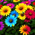 Closeup flower display assorted colorful blooming flowers by green foliage blurred background Royalty Free Stock Photo