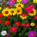 Closeup flower display assorted colorful blooming flowers by green foliage blurred background Royalty Free Stock Photo