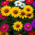 Closeup flower display assorted colorful blooming flowers by green foliage blurred background Royalty Free Stock Photo