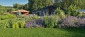 Closeup flower garden with perennials and purple flowers in front of the house Royalty Free Stock Photo