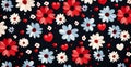 A closeup flower pattern with hearts in blue and red colors with