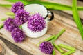 Closeup of flowering chives with shallow depth of field and focus concentrated on flower in the foreground Royalty Free Stock Photo