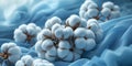 Closeup of Fluffy White Organic Cotton Bolls on Blue Textile. Royalty Free Stock Photo