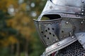 closeup of a fluted bascinet on a knight outside Royalty Free Stock Photo