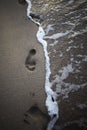 Closeup of foamy sea wave and footprints on smooth sand, Nosara Peninsula, Costa Rica Royalty Free Stock Photo