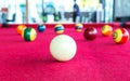 Closeup focus snooker white ball with pool balls Royalty Free Stock Photo