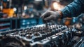 Closeup focused shot of a mechanics hands tuning an engine with blurred workshop machinery and tool cabinets in the Royalty Free Stock Photo
