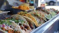 A closeup of a food trucks menu board featuring international dishes such as tacos curries and gyros