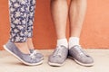 Closeup foot of kissing couple outdoor at street Royalty Free Stock Photo