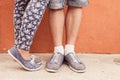 Closeup foot of kissing couple outdoor at street Royalty Free Stock Photo