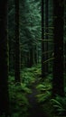 A closeup of the forest floor, with black fir trees, and a green