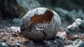 A closeup of a fossilized dinosaur egg cracked open to reveal preserved embryonic bones inside