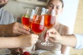 Closeup of four glasses with rose wine being clinked together Royalty Free Stock Photo