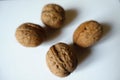 Closeup of four ripe brown rounded fruits of Persian walnut