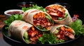 Closeup of four Wrap sandwich and lettuce in plate and black background. Generative Ai Royalty Free Stock Photo