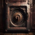 Closeup fragment of antique wooden door with bronze key hole, front view Royalty Free Stock Photo