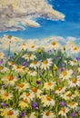 Closeup fragment, texture Original oil painting of flowers, beautiful field flowers on canvas. Modern Impressionism. Impasto artwo Royalty Free Stock Photo