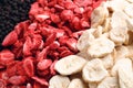 Closeup of freeze dried blueberries, strawberries and bananas as background Royalty Free Stock Photo