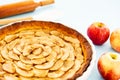 Closeup on a French apple tart aside Gala apples, cooking spoon and a rolling pin on a light blue background. Side view