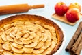 Closeup on a French apple tart aside Gala apples in a wood plate, cinnamon sticks and a rolling pin on a light blue background. Royalty Free Stock Photo