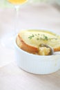 Closeup French onion soup with copy space Royalty Free Stock Photo